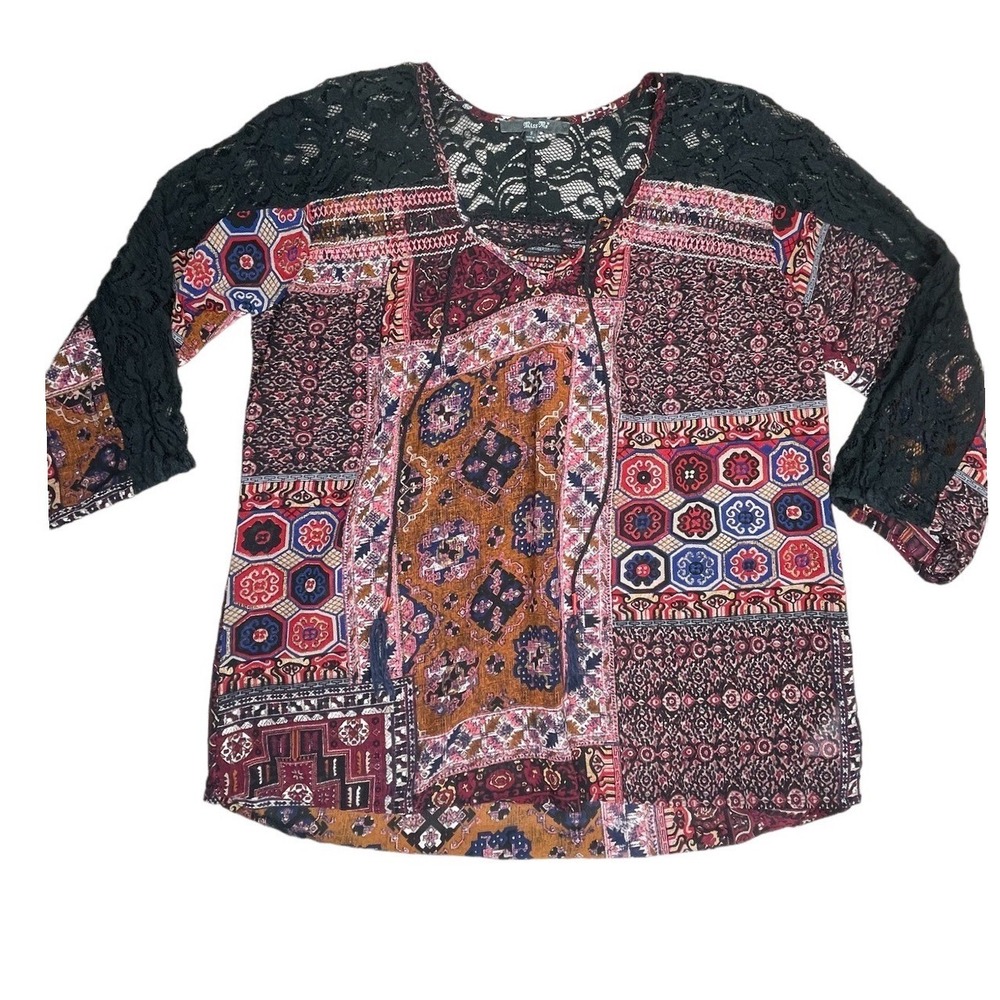 Miss Me Boho Patchwork Lace Up Blouse Small Sheer Black Crochet Sleeve Western